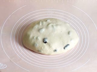 6、一次性发酵葡萄干椰子油白吐司,加入已经晾干的葡萄干，揉匀，从厨师机拿出来，再摔打几下，让面团更加均匀