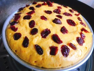 13、蔓越莓南瓜发糕,表面放上蔓越莓，上锅蒸熟