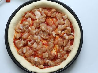 16、鸡肉蔬菜披萨,再放上腌制好的鸡肉，平铺在上面就好