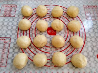 5、香软肉松牛奶排包,面团取出排气,平均分割成16个面团,滚圆,盖上保鲜膜静置10分钟