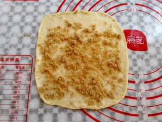 7、香软肉松牛奶排包,在面皮上刷一层牛奶,撒上适量的肉松碎,别撒太多了