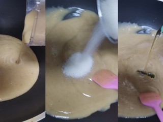 6、板栗饼,倒入不粘锅,加入糖,油,小火不停的翻炒