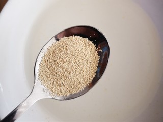 6、升级版烤白馍,在温水碗中加入酵母并搅拌融化