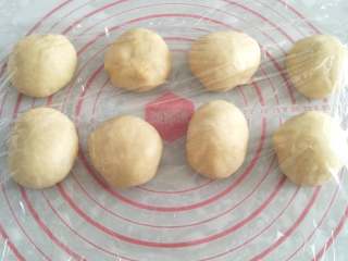 3、蜂蜜脆底小面包,取出面团进行排气,均匀分成8个小面团。将面团放在案板上,用手将面团滚成圆球形。滚好圆的面团,盖上保鲜膜松弛15分钟