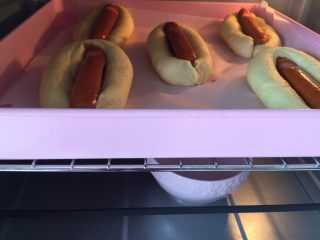 13、早餐香葱芝士肠子包,烤箱进行二发，烤箱功能35度，底下放一碗开水，45分钟