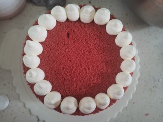 18、红丝绒草莓????裸蛋糕,重复以上动作，把剩下的2片放上面，放草莓丁，最上面的蛋糕坯，周围挤入一圈奶油，中间也挤奶油