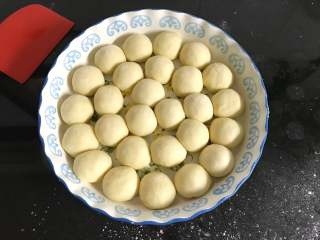 12、豆沙金钱小面包,把全部做好的面团码入烤盘中。
