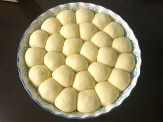 13、豆沙金钱小面包,放在温暖处进行第二次发酵,手指轻按面团手按处不会很快回弹且手感略有张力,二次发酵完成
