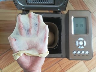 2、黄豆粗粮迷你汉堡,和面结束，拉一个手套膜，加了黄豆面。边缘有点裂