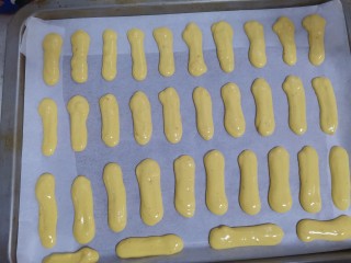 17、奶香南瓜手指饼干,挤入烤盘，此时可以预热烤箱