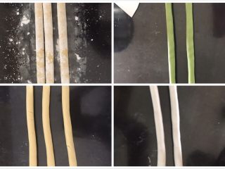 5、多彩芋圆,搓成长条，要轻轻搓，太用力容易散开，搓好上面撒一点玉米淀粉防粘