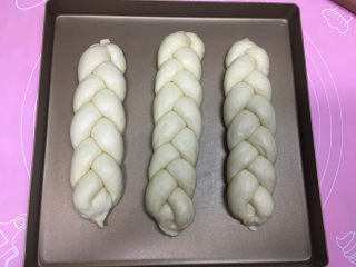 12、淡奶油辫子面包,将其它面团也同样方法编好，移入烤盘，放在烤箱中，用烤箱自带的发酵功能进行二次发酵，时间为35分钟左右.