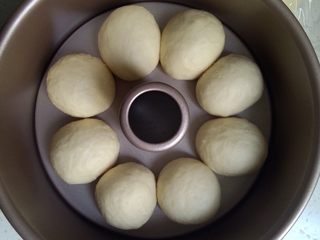 7、龙猫挤挤面包,滚圆放入八寸中空模具，表面喷水放烤箱发酵