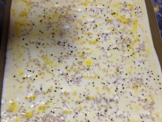 4、肉松面包卷,发好的面团，插一些小洞，以防烤时鼓起，刷上全蛋液，撒适量熟芝麻