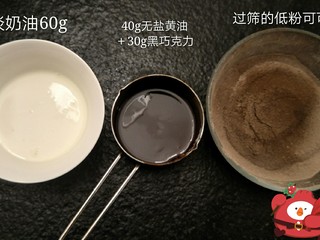 4、最经典浓郁巧克力奶酪蛋糕,准备室温的淡奶油60克。 隔水融化的黄油巧克力。过筛的可可面粉