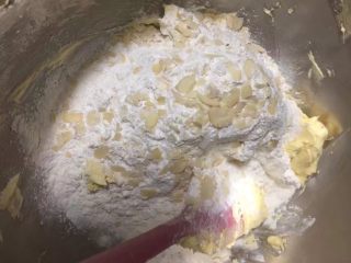 9、扁桃仁一口酥,加入15g扁桃仁，用硅胶铲翻拌均匀