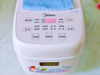 16、蒸蔓越莓蛋糕～电饭煲版,将内胆放入电饭煲机体中，盖上盖子，把排气口用一块湿毛巾盖上，启动“宝宝饭”模式，自动时间45分钟，时间正好，无需另外设置，特别赞，不用启动第二次。