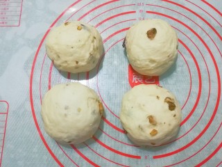 7、老面核桃软欧,发酵好的面团取出先挤压排气，再分成均匀的小面团盖保鲜膜醒发15分钟左右；
