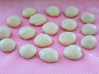 9、酒酿排包,把面团取出排气,分成均匀的18份滚圆,盖保鲜膜松弛15分钟