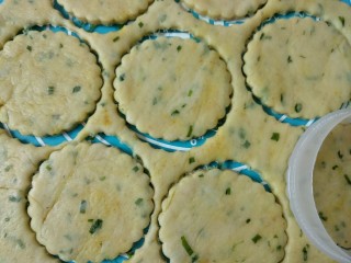 7、咖喱葱花苏打饼,将面团擀成0.5cm的薄片，用饺子模具压出花型面片。