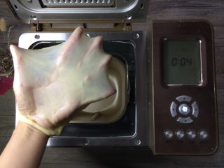 2、椰蓉面包小卷,和面结束，面团呈完团状态，可以拉出漂亮的手套膜。