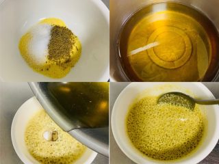 4、香葱千层饼,调个油酥：将细玉米面粉、五香粉、盐、放入碗中。在将油烧热倒入碗中搅拌均匀即可。