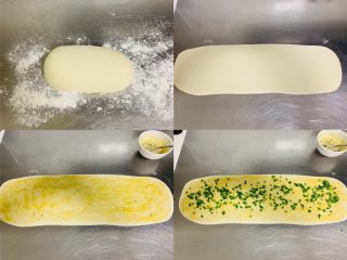 5、香葱千层饼,取面团擀成长条形刷上油酥，撒上香葱。