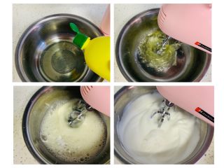 5、蜂蜜松饼????,蛋白中加入几滴柠檬汁中速打，打至鱼眼泡加入二分之一的糖中速继续打，打至出现纹路加入剩余二分之一糖。