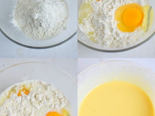 1、改良版紫薯芝士车轮饼,准备一个大碗，放入低筋面粉、泡打粉，再磕入鸡蛋，倒入牛奶、蜂蜜、植物油，滴入几滴柠檬汁，然后搅拌均匀至无颗粒。
