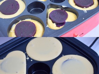 4、改良版紫薯芝士车轮饼,等面糊开始冒泡并破裂后，就可以翻面了、翻面后，煎个几分钟至焦黄就可以啦