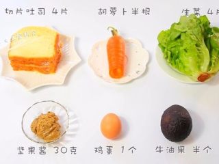 1、牛油果鸡蛋火腿三明治,食材：切片吐司 4片，牛油果 半个，鸡蛋  1个，胡萝卜	半根，生菜 4片，坚果酱 30克