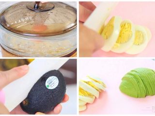 4、牛油果鸡蛋火腿三明治,将鸡蛋蒸10分钟，蒸出来的鸡蛋不容易破，蒸熟后切片；牛油果从中间划一刀，拧一圈，撕去外皮切成片。