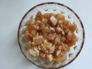 4、鸡肉蔬菜披萨,鸡胸肉切好放入一个碗里，放入酱油、蚝油、盐，然后搅拌均匀即可，放在一边腌制半小时以上