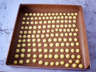 8、蛋黄溶豆,烤盘垫上耐高温油布或者油纸，再挤入烤盘中