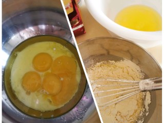 3、榴莲卷【啖啖肉、软绵绵】,鸡蛋用分蛋器，分开蛋清和蛋黄。蛋黄和牛奶、橄榄油、一半糖放搅拌盆里一齐搅拌成蛋黄浆。