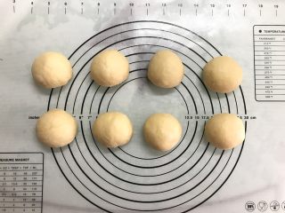 8、芝麻软面包,将一发后的面团分成8个小面团。滚圆后盖上保鲜膜静置松弛，时间为20分钟。