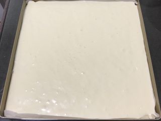 16、果酱奶酪蛋糕,金盘中铺上烤盘纸，便于脱模，蛋糕糊倒入金盘震几下，抹平表面。