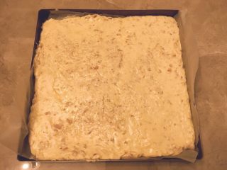 10、花生糖牛扎糖,将搅拌好的到烤盘里，用刮板整形