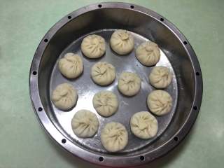 15、香葱猪肉馅小包子,都包好后放入锅中进行醒发,时间为15分钟左右。