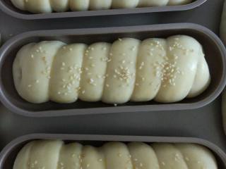 9、热狗面包,发酵至两倍大，刷蛋液，撒芝麻