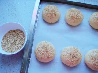 15、奶香汉堡胚,撒上熟芝麻。（用熟芝麻会更香哦）