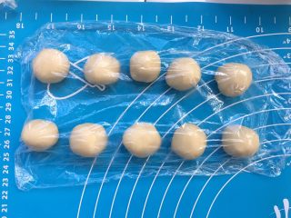 15、全面详细讲解～蛋黄酥,10分钟后，将油皮再分成10份，每份16克。切记，分好的油皮用保鲜膜盖好。