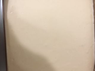 12、草莓夹心蛋糕片,翻拌好的蛋糕糊从高处倒入到事先铺好油布的28×28的烤盘中，抹平表面。