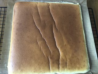 14、草莓夹心蛋糕片,烤好后快速取出，放到晾网上晾凉，我拎的时候给整出了褶皱，郁闷。