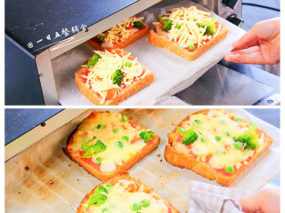 6、吐司披萨,烤箱200度,6-8分钟,看到芝士融化即可。微波炉高火3分钟看芝士融化没,可以再加时间。平底锅的话加盖小火等芝士融化。都不超过8分钟。