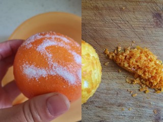 3、香橙????海绵纸杯蛋糕（不开裂不回缩）,橙子上撒少许盐，用手搓洗干净，然后用擦丝器擦掉橙子皮，再切碎后加少许白砂糖腌制片刻