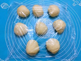 8、热狗面包,把面团分成8份相同大小的小面团，盖上保鲜膜醒发15分钟