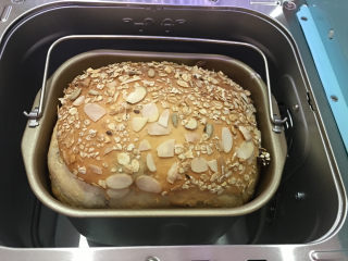 15、面包机版果干燕麦吐司,使用面包机烘烤菜单进行烘烤,时间为35分钟。