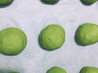 6、【网上厨房独家】抹茶肉松(蜜豆)小餐包,分成16个小面团,每个面团大约35g左右,盖上保鲜膜发酵至原来的两倍大,大约1小时左右