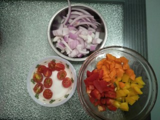 1、杂蔬蛋糕,洋葱洗干净切粒,留一点切成长条用于装饰,圣女果对半切开,红黄椒,红萝卜洗干净切小块。